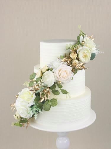 Rinlong 3Pcs Premade Cake Flowers, White Gold Wedding Cake Decor - Image 6