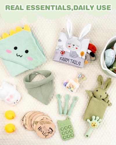 Baby Shower Gifts for Girls, 26 Piece Deluxe Baby Gift Basket - Baby Girl Gift Basket with Bunny Night Light, Electric Nail Trimmer, Bath Towe, Rattle & Milestone Cards for New Mom (Green) - Image 7