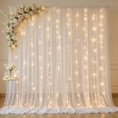 10ft x 10ft Cream White Chiffon Backdrop Curtain with Lights String for Parties,2 Panels Sheer Tulle Curtain Wedding Backdrop for Baby Shower Birthday Party Ceremony Reception Home Decorations by Partisky