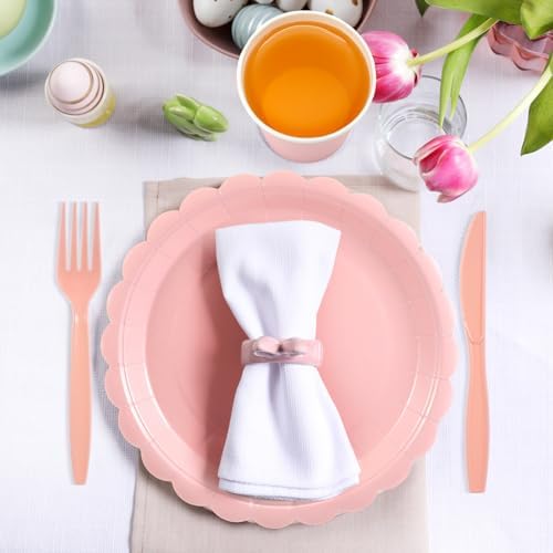 Ziliny 350 Pcs Light Pink Plates and Napkins, 50 Guest Spring Party Supplies Include Scalloped Paper Plates Napkins Cups Plastic Spoons Forks Knives Disposable Tableware Set for Baby Shower - Image 6