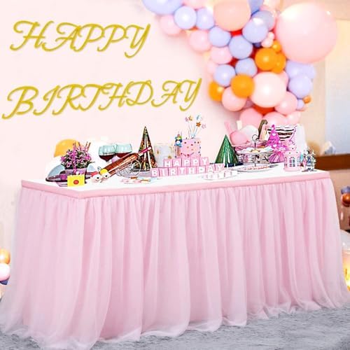 252in Baby Pink Tulle Table Skirts for Rectangle Tables 8ft, 2-Layer 21 ft Long Gold Grim Princess Pink Ruffle Tulle Tutu Table Skirt Cloth for Girl Birthday Baby Cake Dessert(No Table Cover) - Image 3