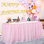 156in Baby Pink Tulle Table Skirts for Rectangle Tables 8ft 6ft, 2-Layer 13 ft Long Gold Grim Princess Pink Ruffle Tulle Tutu Table Skirt Cloth for Girl Birthday Baby Cake Dessert(No Table Cover) - Image 3