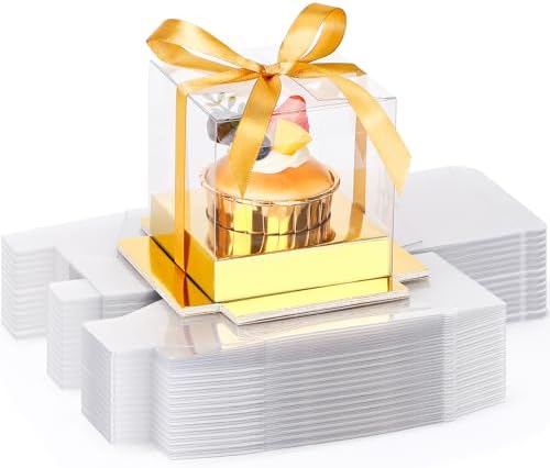 EUSOAR Disposable Clear Cupcake Containers, 50pcs 3.5 Inch Plastic Individual Cupcake Carrier with Ribbon and Inserts, Single Transparent Cupcake Holder with Lids Storage for Cake Dessert-Gold by EUSOAR