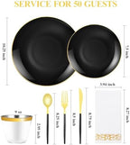 350 Pieces Black Gold Plastic Dinnerware Set, Gold Disposable Plates for Party, Include 100 Black Plates with 150 Plastic Cutlery, 50 Napkins and 50 Cups - Image 2