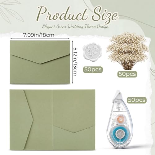 100 Set Wedding Invitation Kits Trifold Pockets,Green,White - Image 2