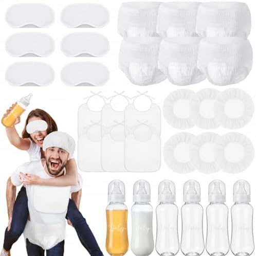 6 Sets Bottle Chug Baby Shower Blind Games Juegos Para Include Plastic Bottles Bibs Hat Eye Mask Disposable Diapers Blindfolded Baby Shower Bottle Games Gender Reveal Decoration (White) by giftlyze