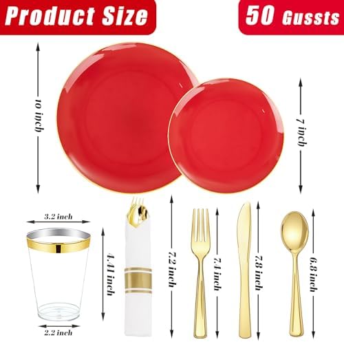 KIRE 350 PCS Red and Gold Plastic Plates - Plastic Dinnerware for Christmas - Image 3