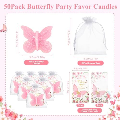 50 Sets Butterfly Baby Shower Party Favors Butterfly Shaped Candle, Scented Pink Tea Lights Candles with Thank Cards, Cute Butterfly Decorations for Guests Wedding Bridal Shower (Pink) - Image 2