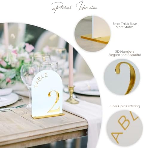 White Arch Wedding Table Numbers 1-20, Gold Numbers and Stands - Image 3