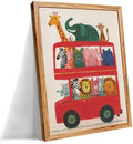Framed Cute Colorful Animal Canvas Wall Art Modern Funny Kids Posters Safari Animals On Red Bus Scene Prints For Toddler Bedroom Nursery Wall Decor 24x36 inch by Medpol