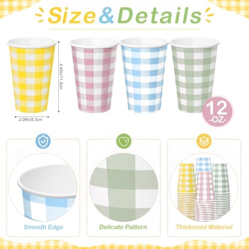 Funnymoom 120 Pcs 12 oz Gingham Paper Cups Gingham Disposable Cups 4 Colors - Image 2