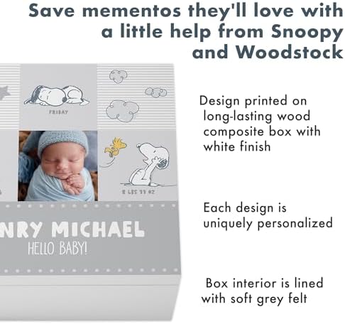 Let's Make Memories Personalized Keepsake Box - Memory Storage - Newborn New Baby Gift - Shower Present - PEANUTS - Snoopy and Woodstock - Add Photo, Name, and Text - Snoopy Baby Love - Pink - Image 3