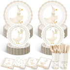 Zhehao 350 Pcs One Silly Goose Birthday Party Tableware Set Beige Bow Scalloped Baby Shower Plates Cup Napkins Forks for Birthday Party Decorations Supplies for 50 Guests by Zhehao