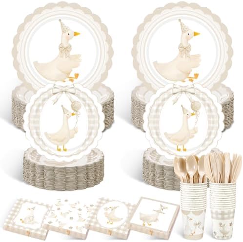 Zhehao 350 Pcs One Silly Goose Birthday Party Tableware Set Beige Bow Scalloped Baby Shower Plates Cup Napkins Forks for Birthday Party Decorations Supplies for 50 Guests by Zhehao