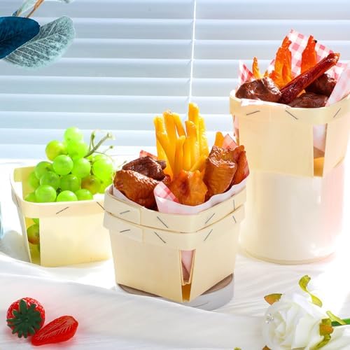 Thyle 60 Pcs/30 Sets Wood Berry Basket with Gingham Wax Paper Sheets Farmer Market Shower Party Favor Small Container Boxes for Friut Vegetable Locally Grown Baby Shower Display Gift(Plaid,Red) - Image 2