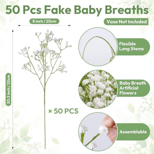 Babys Breath Artificial Flowers, 50 pcs White Flowers Artificial Real Touch Faux Flowers Bouquet Look Real Fake Flowers for Wedding Party Home Garden Tables Centerpieces Office Arrangements Decoration - Image 6