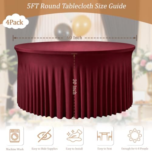 Burgundy Round Spandex Tablecloth, 5FT Stretchy Table Cloth with Skirt, 4PCS Washable Fitted Tablecloth, Circle Wrinkle Free Table Cover for Wedding Party Dining - Image 3