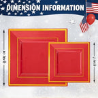 Liacere 100PCS Red and Gold Square Plastic Plates-50PCS Heavy Duty 9.5inch Disposable Dinner Plates and 50PCS 6inch Red Dessert Plate - Gold Plastic Plate for Party & Independence Day - Image 3