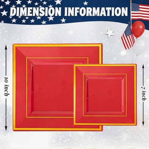 Liacere 100PCS Red and Gold Square Plastic Plates-50PCS Heavy Duty 9.5inch Disposable Dinner Plates and 50PCS 6inch Red Dessert Plate - Gold Plastic Plate for Party & Independence Day - Image 3