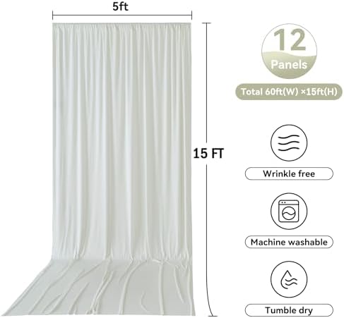 12 Panels 5x15ft Ivory Backdrop Curtains for Parties, Wrinkle Free Polyester Ivory Photo Backdrop Drapes 15 ft Long Back Drop Cloth Drapery for Wedding Birthday Photography Background - Image 4