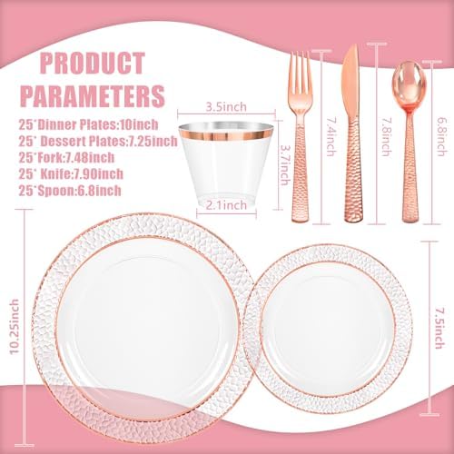 Ciaell 150PCS Rose Gold Plastic Plates – Disposable Plates with Rose Gold Plastic Silverware include 50Plates, 25Forks, 25Knives, 25Spoons, 25Cups for Wedding & Party - Image 2