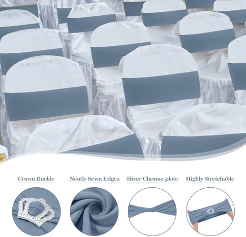 VitalCozy 100 Pcs Spandex Chair Sashes with Crown Buckle,Dusty Blue - Image 3