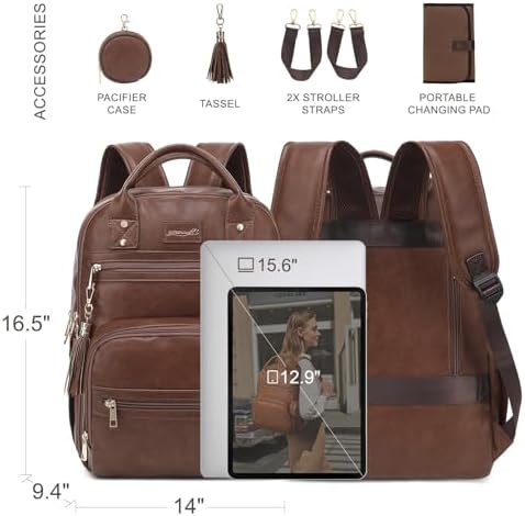 ROSEGIN Premium Vegan Leather Diaper Bag Backpack with Waterproof Changing Pad, Reinforced Zippers & Odor-Free,20 Pockets Pro Organizer, Fits 15.6" Laptop, Stroller Straps, Baby Bag for Mom,Dark Brown - Image 5