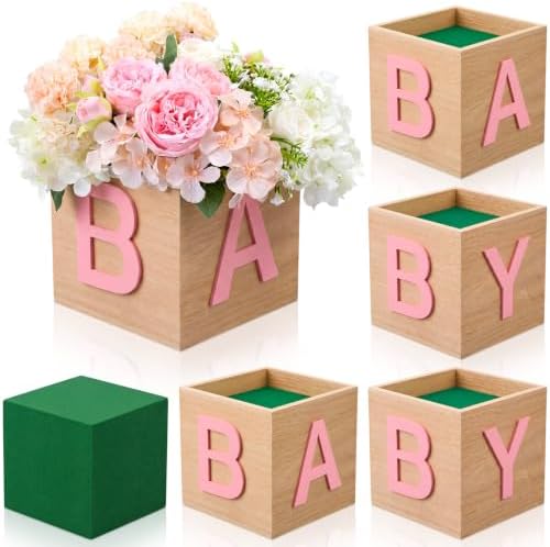 4 Sets Baby Shower Centerpieces for Table, 6 Inch Wood Boxes with Floral Foam Blocks Cube Planter Vase with Baby Letters for Babys Shower Gender Reveal Party Favor Table Decor(Pink) by Ferrochef
