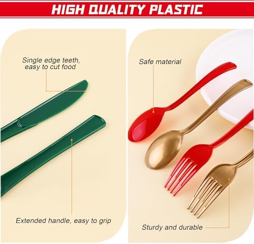 Kochorie 300 Pieces Christmas Plastic Silverware Heavy Duty Plastic Cutlery Set Heavyweight Disposable Flatware Includes Christmas Spoons Knives Forks for Christmas New Year Party - Image 3