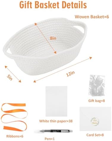 HAPPYER Gift Basket Set 6 Pack, Cotton Rope Woven Baskets with Ribbons Gift Bags Tissue Paper Cards Stickers, Empty Gift Baskets Bulk for Gifts Packaging, Decorative Storage Basket for Party Birthday - Image 2