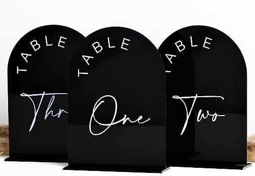 Black Arch Wedding Table Numbers with Stands 1-30, 5x7 Inch Black Acrylic Arch Sign with Holder, Arched Acrylic Table Numbers for Wedding Reception (1-30, 5"x7") by JINMURY