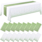 Tudomro 16 Pack White and Sage Green Plastic Tablecloths Satin Runner Set by Tudomro