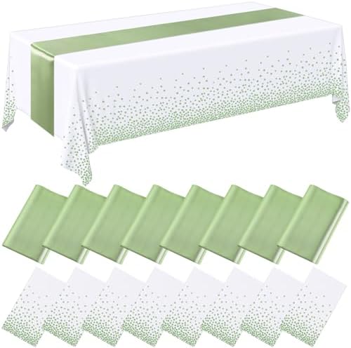 Tudomro 16 Pack White and Sage Green Plastic Tablecloths Satin Runner Set by Tudomro