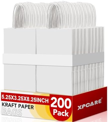 XPCARE White Paper Bags with Handles, 200Pcs 5.25x3.25x8.25'' Kraft Bags by XPCARE