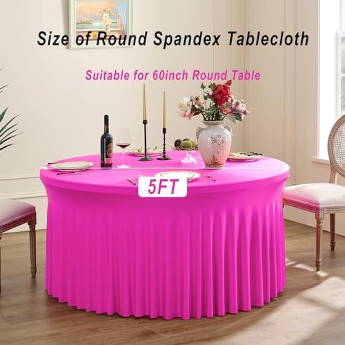 6 Pack Hot Pink Spandex Round Tablecloths for 60 inch Table, Stretchy 120inch Fitted 5FT Fuchsia Round Table Cloths, Wrinkle Free Table Cover with Skirt for Wedding Party Dining Banquet - Image 5