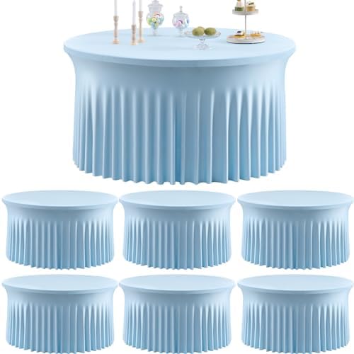 6 Pack Spandex Baby Blue Round Tablecloths for 72in Table, 132inch Stretchy Fitted 6FT Round Table Cloths, Wrinkle Free Light Blue Table Cover with Skirt for Wedding Birthday Party Baby Shower Banquet by Htper