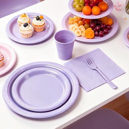 250Pcs Lavender Plastic Plates Party Supplies, Disposable 9" & 7’’Purple Dessert Plates and Napkins, Cups, Plastic Cutlery, Heavy Duty Dinnerware Set for Birthday, Baby Shower, Wedding, BBQ - Image 3
