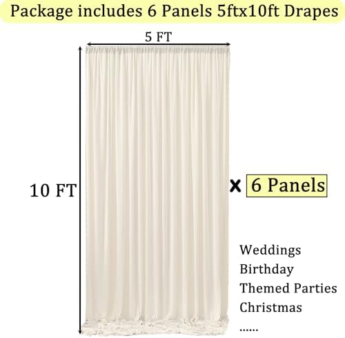 30ft x 10ft Wrinkle Free Ivory Backdrop Curtains for Parties, 6 Panels 5x10ft Polyester Photo Backdrop Drapes for Wedding Birthday Photography Background Baby Shower - Image 2