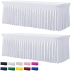 2 Pack White Spandex Tablecloths for 8 Foot Rectangle Tables, Wrinkle Free Stretchy Table Cloth 8ft Fitted Table Cover Desk Skirt for Parties Weddings Birthday Banquet Baby Shower by Htper