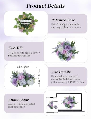 BLOSMON Purple Flowers Artificial for Decoration: 10 Pieces 9.5 Inch Fake Flower Ball Centerpieces for Wedding Tables - Lilac White Rose Lavender Fake Silk Kissing Floral Arrangements - Image 5