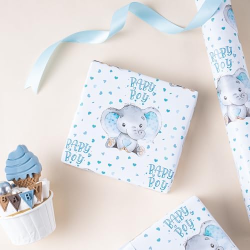 WRAPAHOLIC Jumbo Baby Boy Wrapping Paper - 30 Inch x 100 Feet Jumbo Roll - Adorable Blue Elephant Design for Baby Shower, Party, Holiday - Image 4