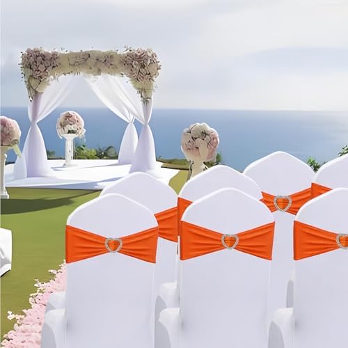 Orange Chair Sashes 50 Pack Spandex Orange Sashes for Chairs Covers Universal Stretch Chair Sashes Band with Heart Buckle Slider for Wedding Banquet Party Decorations - Image 6