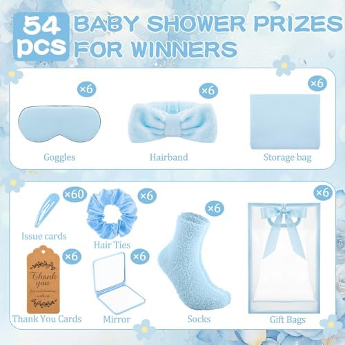 54 Pcs Baby Shower Prizes for Winners Prizes Gifts 6 Sets with Headbands Eye Masks Mirrors Hair Ties Hair Clips Socks Storage Bags Thank Card Gift Bag for Baby Shower Party Wedding (Blue) - Image 4