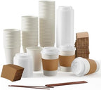 [100 Pack] 12 oz Paper Coffee Cups, Disposable Paper Coffee Cup with Lids, Sleeves, and Stirrers, Hot/Cold Beverage Drinking Cup for Water, Juice or Tea, Suitable for Home, Shops and Cafes by JOLLYPARTY