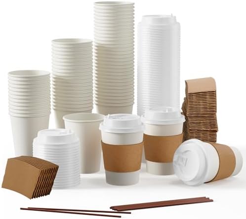 [100 Pack] 12 oz Paper Coffee Cups, Disposable Paper Coffee Cup with Lids, Sleeves, and Stirrers, Hot/Cold Beverage Drinking Cup for Water, Juice or Tea, Suitable for Home, Shops and Cafes by JOLLYPARTY