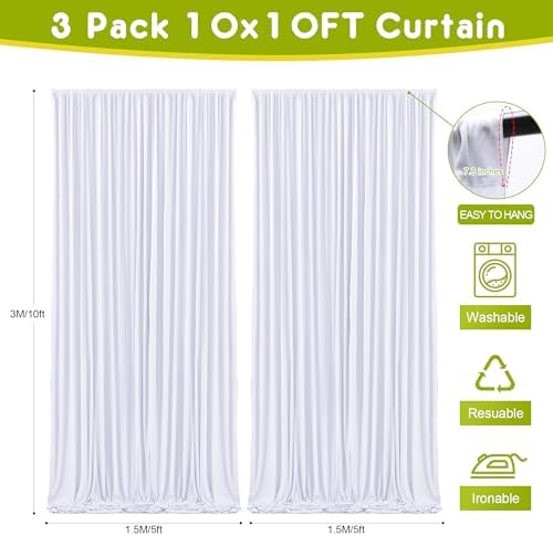 Wokceer White Backdrop Curtain for Parties Backdrop Drapes, 3Pack 10x10FT - Image 2