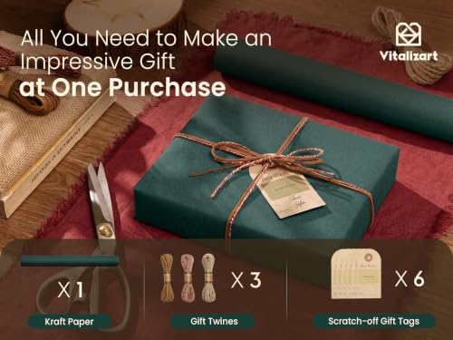 Vitalizart Green Textured Wrapping Paper Set 30" With Twine Ribbons & Tags - Image 4