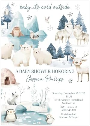 Winter Baby Shower Invitation, Woodland Arctic Animals Polar Bear Penguin Reindeer Igloo Design, Snowy Forest Theme Baby It's Cold Out Custom Printed Invitations by Handmade