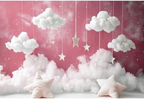 YongFoto Cute Sky Clouds Star Pink Backdrop 10x5ft Kids Photography Background Boy Girl Birthday Baby Shower Cradle Ceremony Party Banner Child Portrait Photoshoot Wallpaper Photo Studio Booth Props by YongFoto