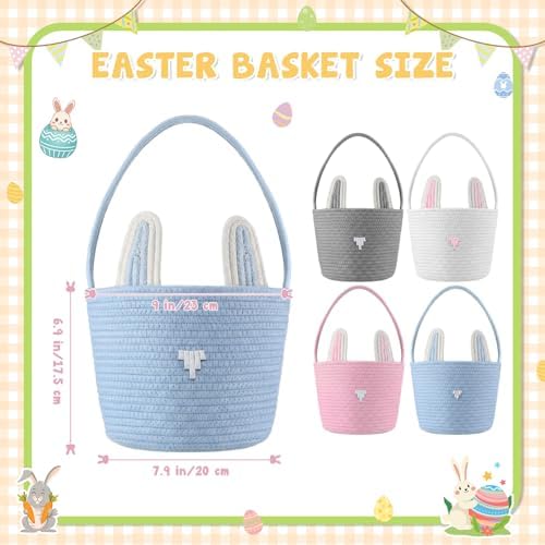 Hushee 4 Packs Easter Bunny Basket for Kids, Colorful Rabbit Woven Bag for Egg Hunts, Egg Filled Tote Bag with Handle for Boys Girls Toddler Baby Infant Easter Party Game Favors Personalized Gift - Image 2